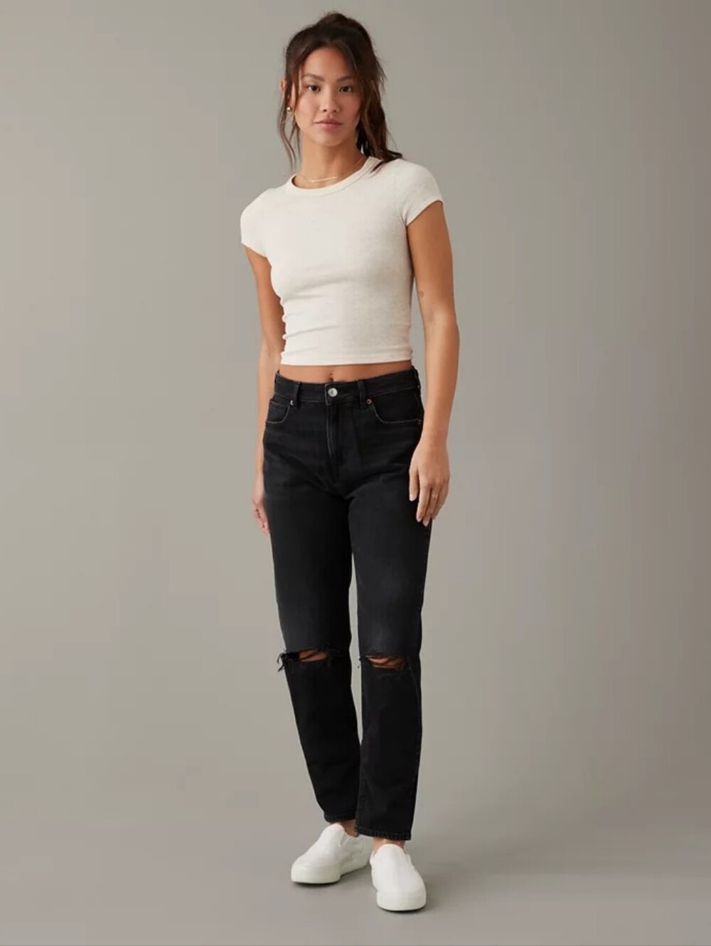 American Eagle Outfitters Black Straight-Leg Jeans with Knee Rips